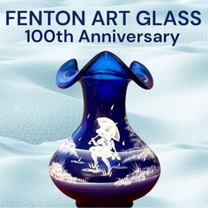 🔹FENTON ART GLASS🔹Steppin’ Out in the Rain, Cobalt Vase, 100th Anniversary